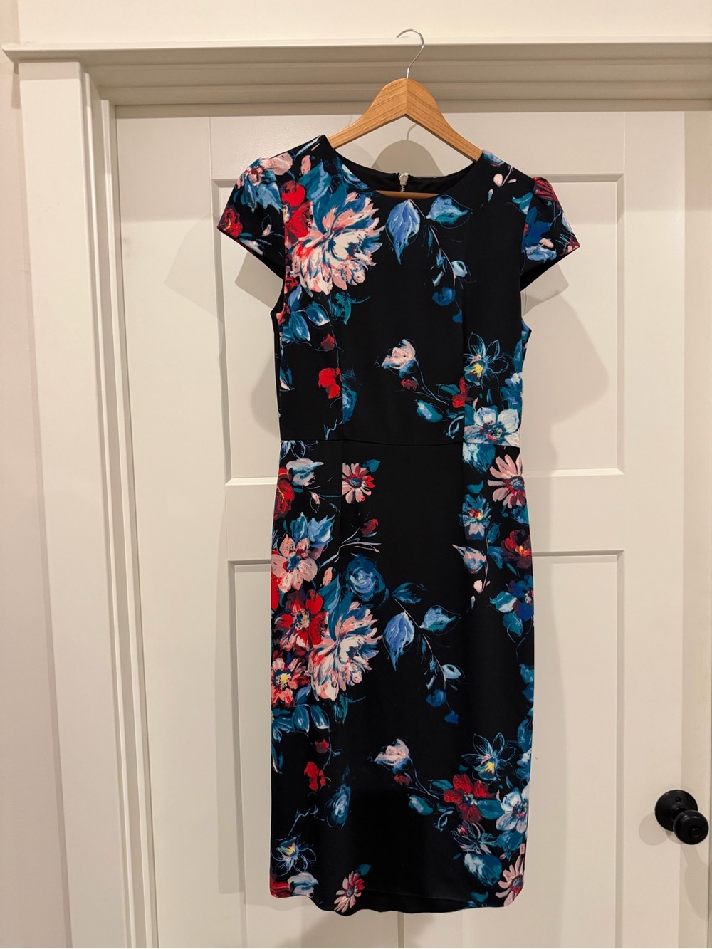 Betsey Johnson Black Midi Dress with Blue, Pink and Red Floral Print